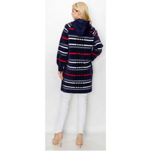 Joh Sonnai  Navy Hooded Sweater Coat with plaid details