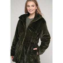 Load image into Gallery viewer, Olive Mauve Faux Fur Long Zip Up High Collar Jkt w/ Front Pockets