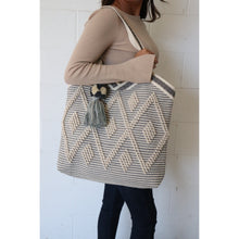 Load image into Gallery viewer, Panache Diamond Pattern Lined Tote w/ Ribbon Trim and Pom Accent